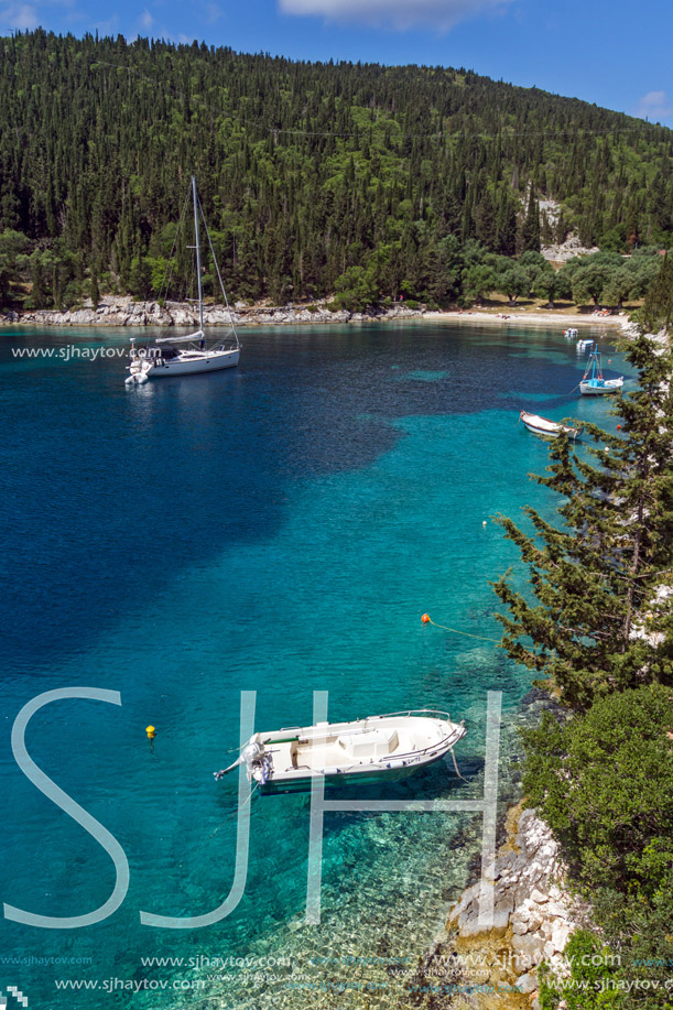 Blue waters of Foki Fiskardo Beach, Kefalonia, Ionian islands, Greece