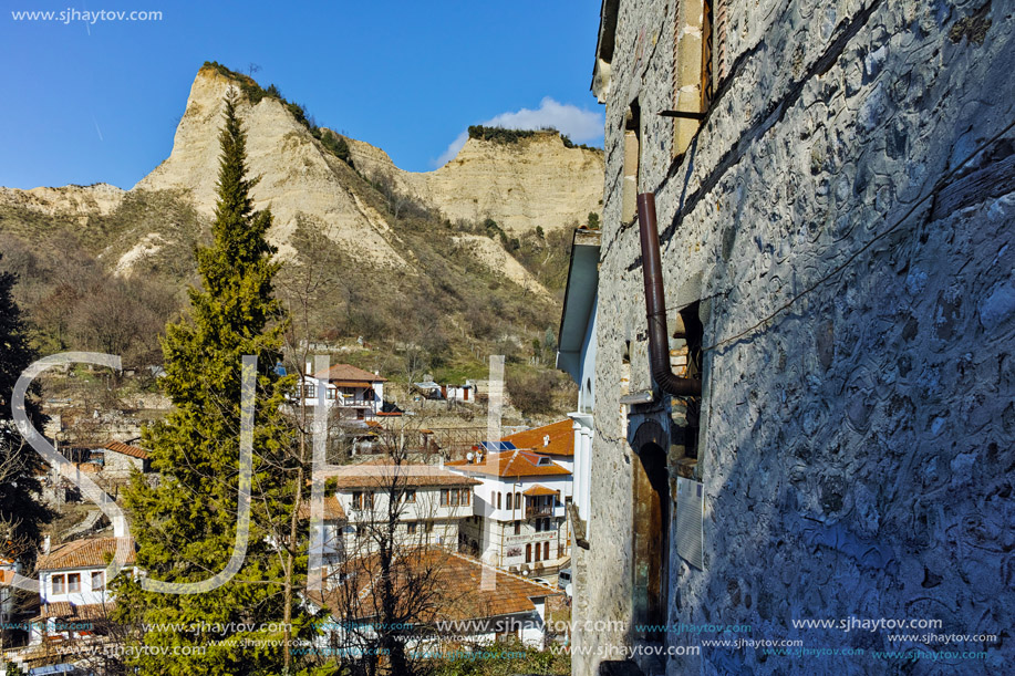 Amazing Panorama of town of Melnik and sand pyramids, Blagoevgrad region, Bulgaria