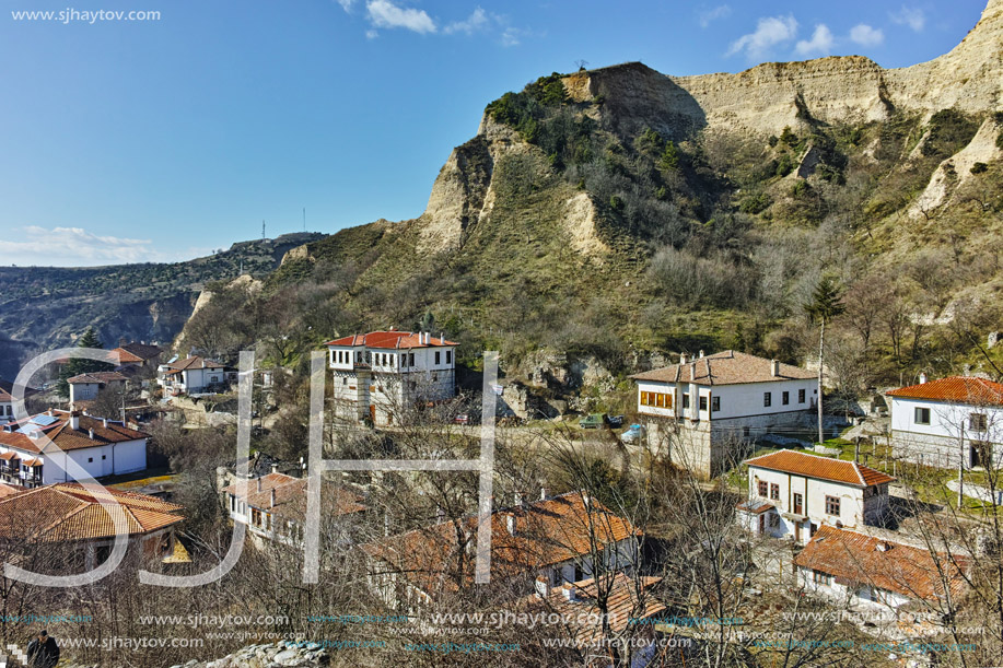 Panoramic view to ancient Melnik town and sand pyramids, Blagoevgrad region, Bulgaria