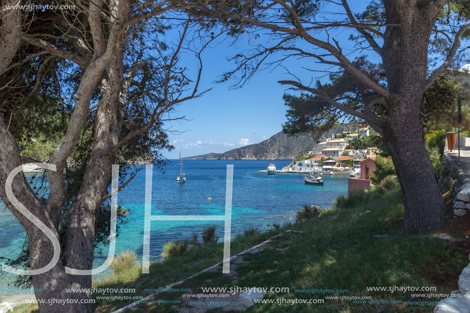 Beach of Assos village and beautiful sea bay, Kefalonia, Ionian islands, Greece