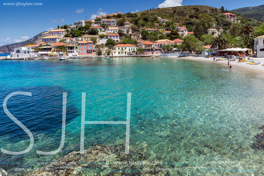 Amazing Panorama and beach of Assos village and beautiful sea bay, Kefalonia, Ionian islands, Greece