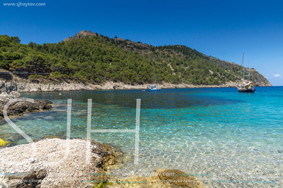 Seascape of beach of Assos village and beautiful sea bay, Kefalonia, Ionian islands, Greece
