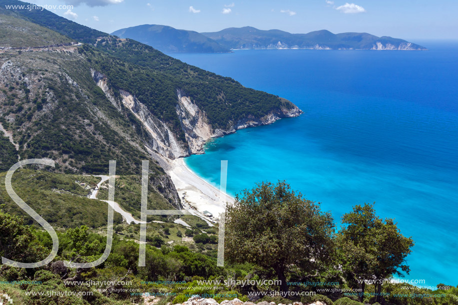 Panoramic View of beautiful Myrtos bay road to beach, Kefalonia, Ionian islands, Greece