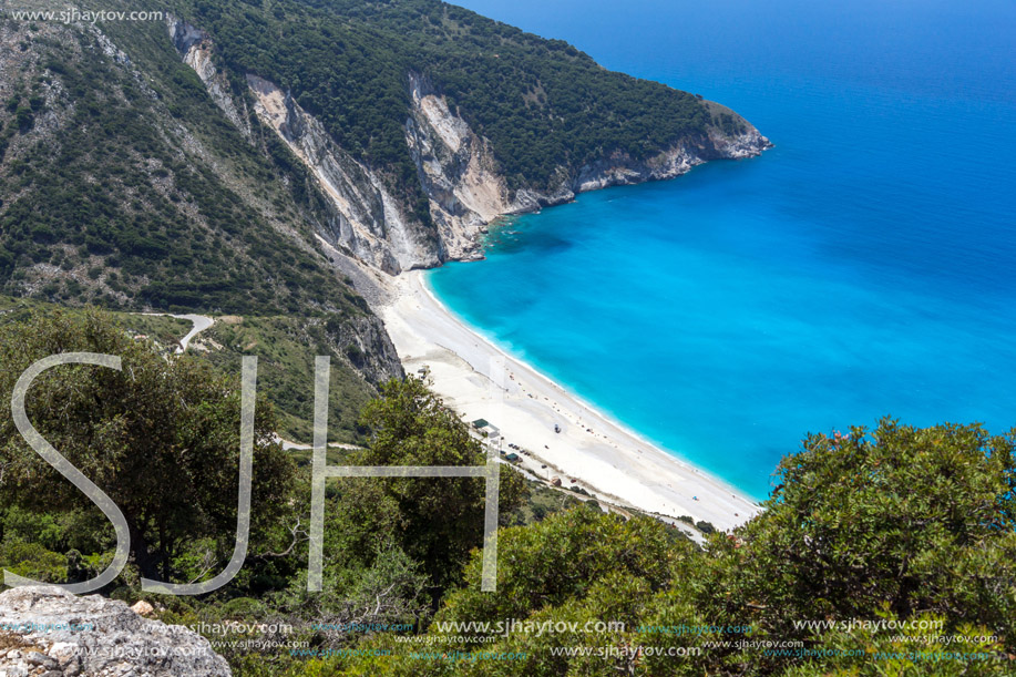Blue water of beautiful Myrtos beach, Kefalonia, Ionian islands, Greece