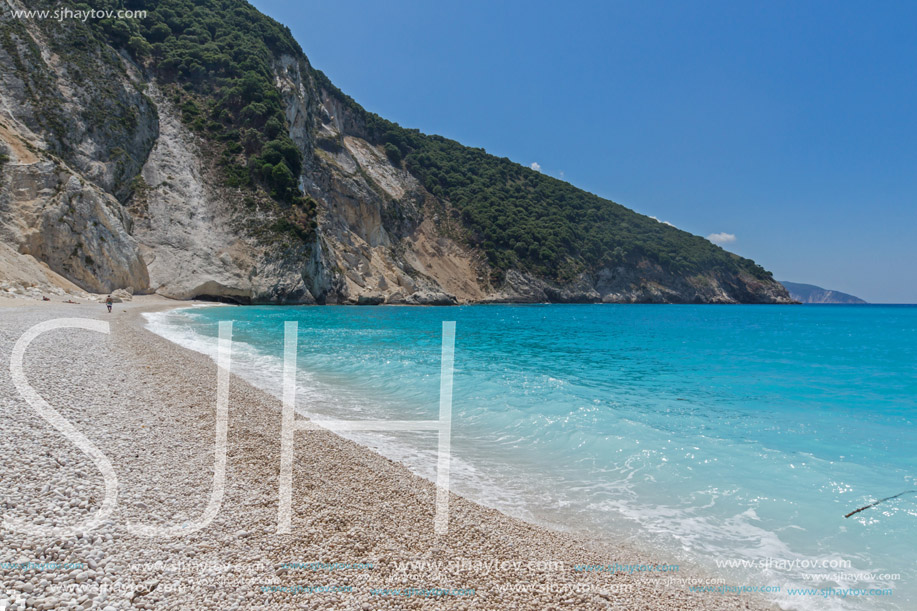 Blue water of beautiful Myrtos beach, Kefalonia, Ionian islands, Greece