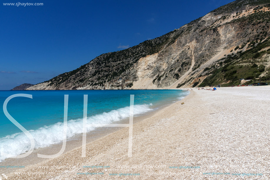Amazing seascape with Blue water of beautiful Myrtos beach, Kefalonia, Ionian islands, Greece