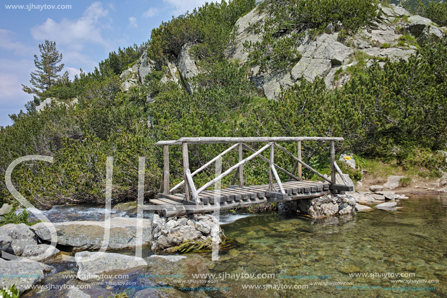 Wooden bridge over mountain river, Pirin Mountain, Bulgaria