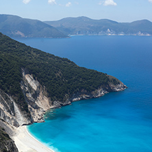 Panoramic View of beautiful Myrtos bay road to beach, Kefalonia, Ionian islands, Greece