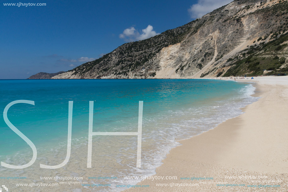 Blue water of beautiful Myrtos beach, Kefalonia, Ionian islands, Greece