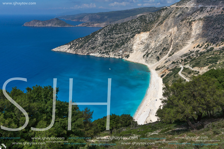 Amazing Panoramic View of beautiful Myrtos beach, Kefalonia, Ionian islands, Greece