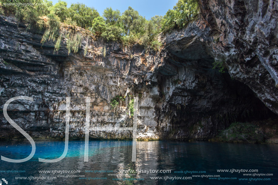 Amazing view of Blue cave Melissani in Kefalonia, Ionian islands, Greece