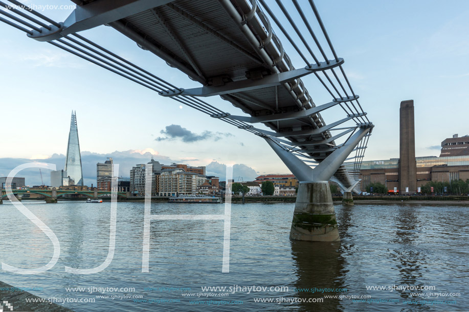 LONDON, ENGLAND - JUNE 17 2016: Twilight on The Shard  skyscraper, Tate Modern Gallery and Thames River, London, United Kingdom