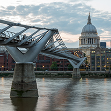 LONDON, ENGLAND - JUNE 17 2016: Twilight panorama of  Millennium Bridge and  St. Paul Cathedral, London, Great Britain