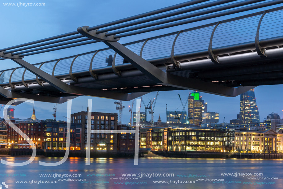LONDON, ENGLAND - JUNE 17 2016: Night Photo of Thames River and Millennium Bridge, London, Great Britain