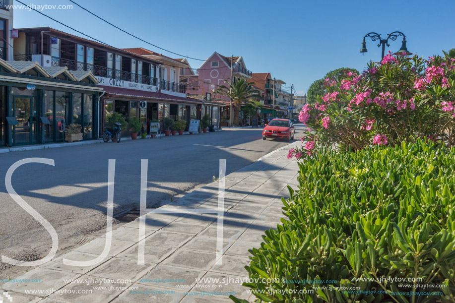 LIXOURI, KEFALONIA, GREECE - MAY 25  2015:  flowers on embankment  of Lixouri town, Kefalonia, Ionian islands, Greece