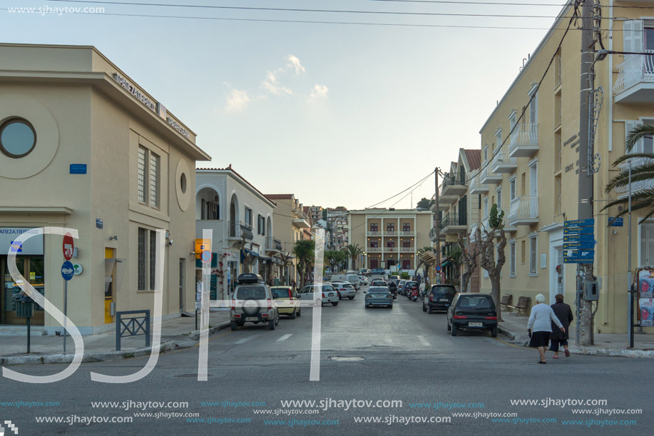 ARGOSTOLI, KEFALONIA, GREECE - MAY 25  2015:  Sunset view of Street in town of Argostoli, Kefalonia, Ionian islands, Greece
