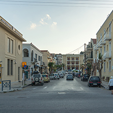 ARGOSTOLI, KEFALONIA, GREECE - MAY 25  2015:  Sunset view of Street in town of Argostoli, Kefalonia, Ionian islands, Greece