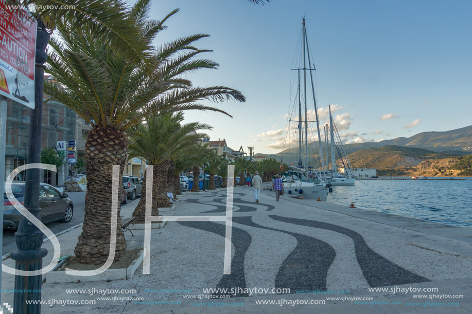 ARGOSTOLI, KEFALONIA, GREECE - MAY 25  2015:  Sunset view of Embankment of  town of Argostoli, Kefalonia, Ionian islands, Greece