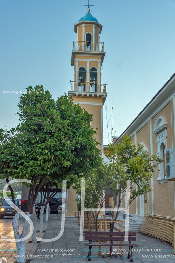 ARGOSTOLI, KEFALONIA, GREECE - MAY 25  2015:  Sunset view of Bell tower of church in the town of Argostoli, Kefalonia, Ionian islands, Greece