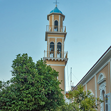 ARGOSTOLI, KEFALONIA, GREECE - MAY 25  2015:  Sunset view of Bell tower of church in the town of Argostoli, Kefalonia, Ionian islands, Greece
