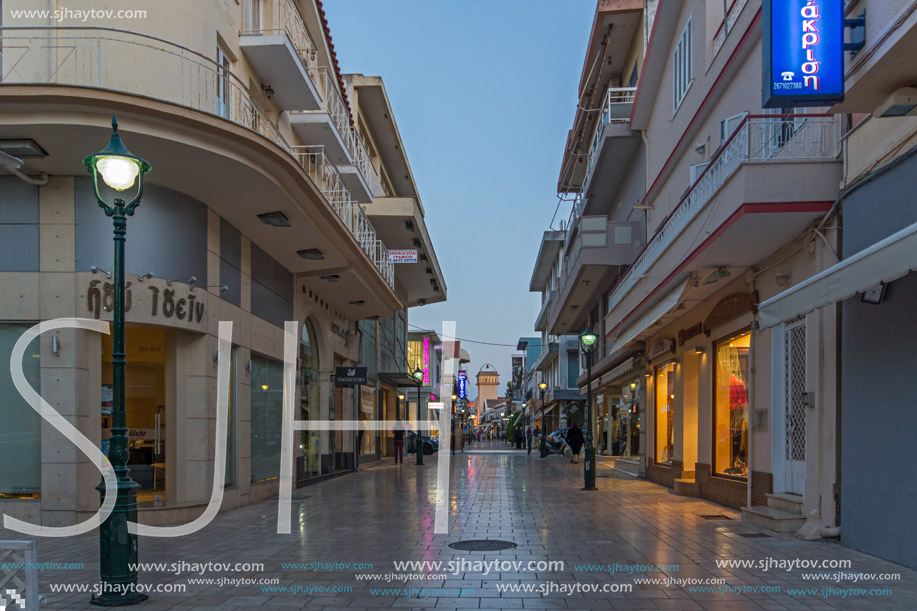 ARGOSTOLI, KEFALONIA, GREECE - MAY 26  2015:  Sunset panorama of main Street in town of Argostoli, Kefalonia, Ionian islands, Greece