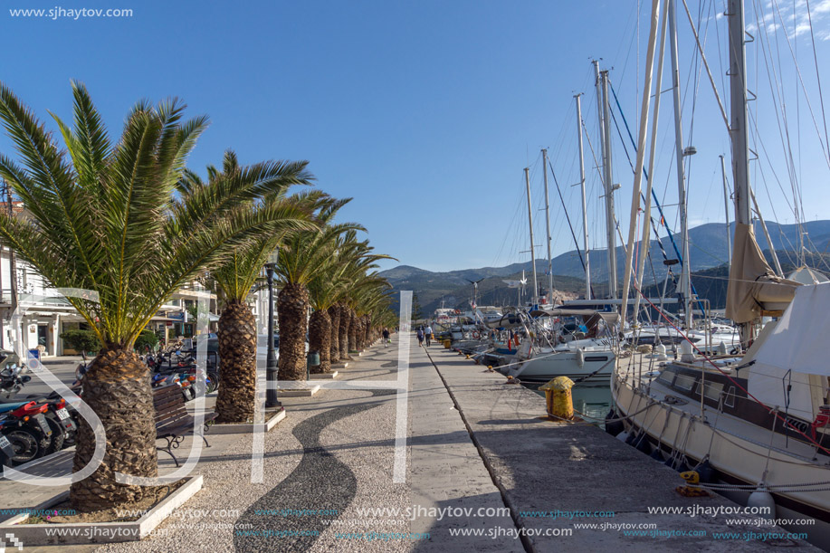 ARGOSTOLI, KEFALONIA, GREECE - MAY 26 2015:  Panorama of Embankment of town of Argostoli, Kefalonia, Ionian islands, Greece