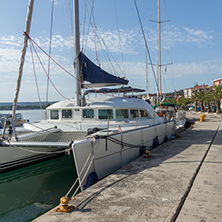 ARGOSTOLI, KEFALONIA, GREECE - MAY 26 2015:   Panorama of Embankment and port of town of Argostoli, Kefalonia, Ionian islands, Greece