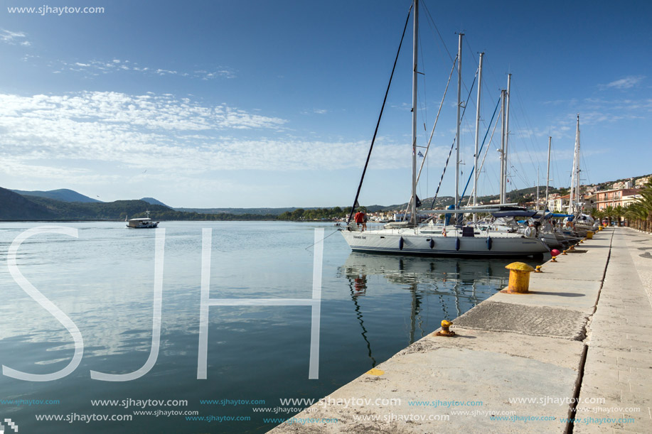 ARGOSTOLI, KEFALONIA, GREECE - MAY 26 2015:  Amazing Panorama of Embankment and port of town of Argostoli, Kefalonia, Ionian islands, Greece