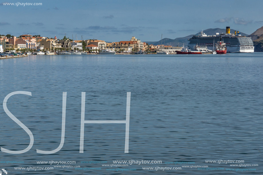 ARGOSTOLI, KEFALONIA, GREECE - MAY 26 2015:  Panorama of town of Argostoli and cruise ship, Kefalonia, Ionian islands, Greece