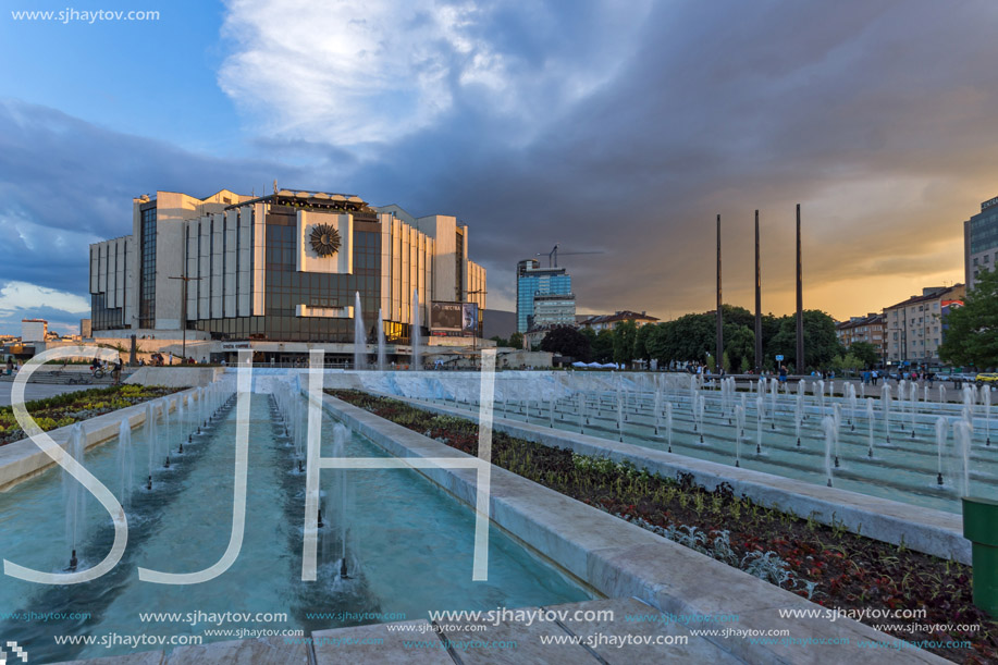 SOFIA, BULGARIA - JULY 3, 2016: Sunset view of National Palace of Culture in Sofia, Bulgaria