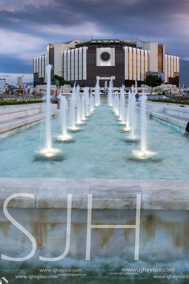 SOFIA, BULGARIA - JULY 3, 2016: Sunset view of National Palace of Culture in Sofia, Bulgaria