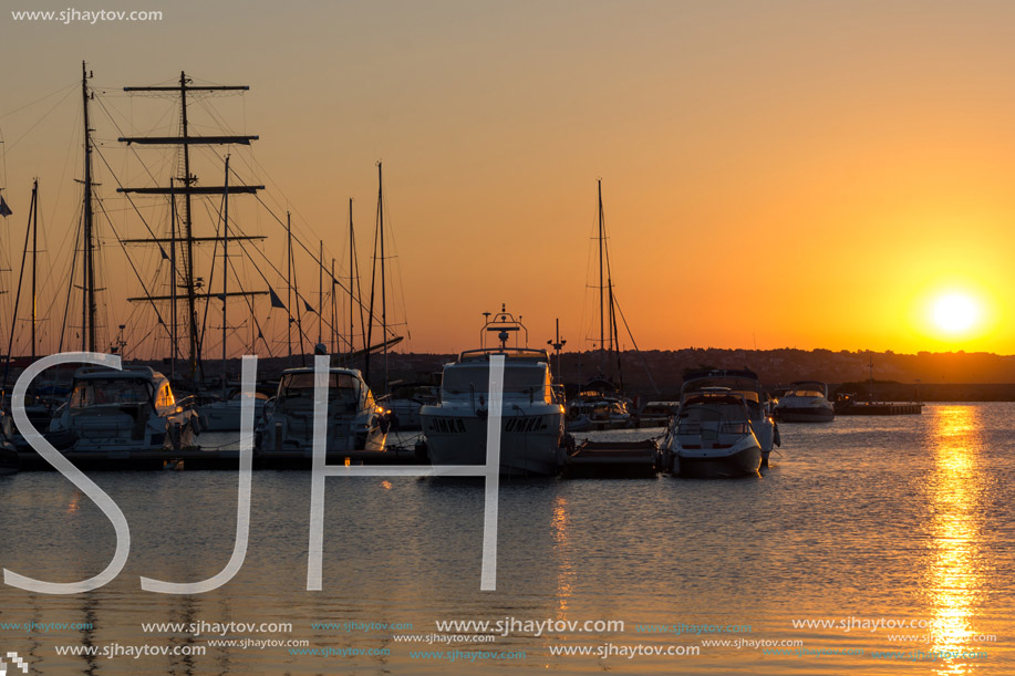 SOZOPOL, BULGARIA - JULY 11, 2016: Sunset at the port of Sozopol, Burgas Region, Bulgaria