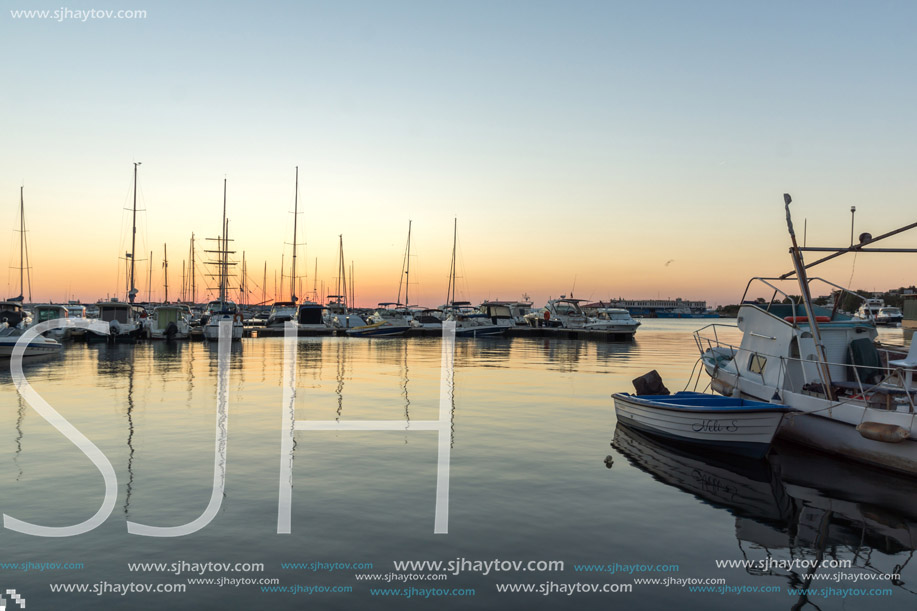 SOZOPOL, BULGARIA - JULY 11, 2016: Sunset at the port of Sozopol, Burgas Region, Bulgaria