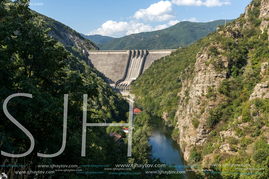 Landscape with Dam of the Vacha (Antonivanovtsy) Reservoir, Rhodopes Mountain, Bulgaria