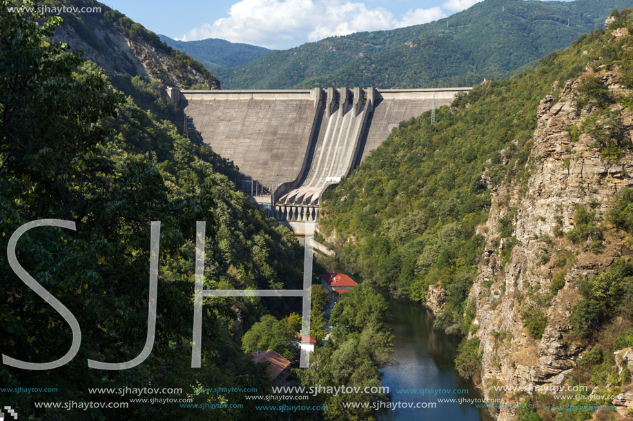 Amazing view Dam of the Vacha (Antonivanovtsy) Reservoir, Rhodopes Mountain, Bulgaria