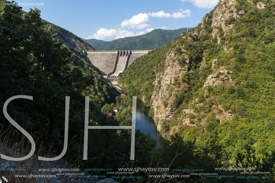Panoramic view of Dam of the Vacha (Antonivanovtsy) Reservoir, Rhodopes Mountain, Bulgaria