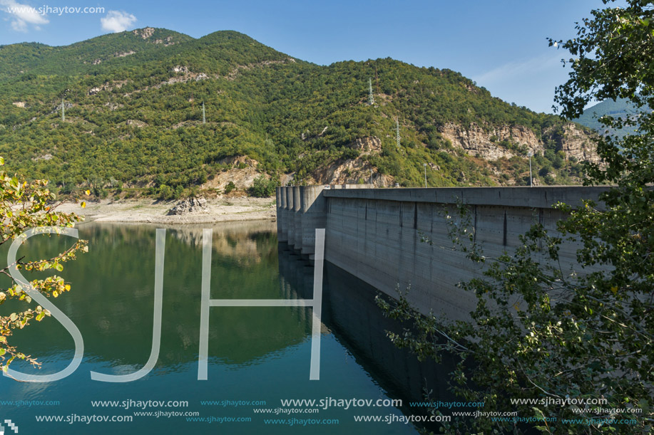 Panoramic view of Dam of the Vacha (Antonivanovtsy) Reservoir, Rhodopes Mountain, Bulgaria