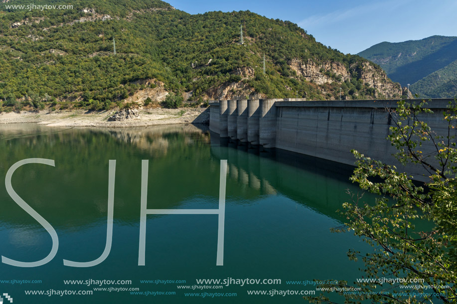 Ladscape with green forest around Vacha (Antonivanovtsy) Reservoir, Rhodopes Mountain, Bulgaria