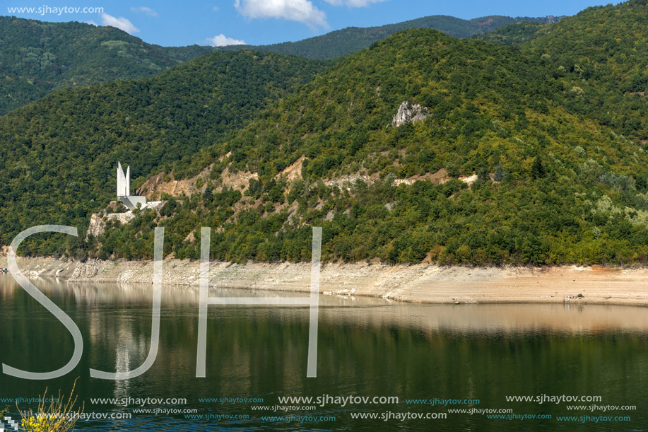 Ladscape with green forest around Vacha (Antonivanovtsy) Reservoir, Rhodopes Mountain, Bulgaria