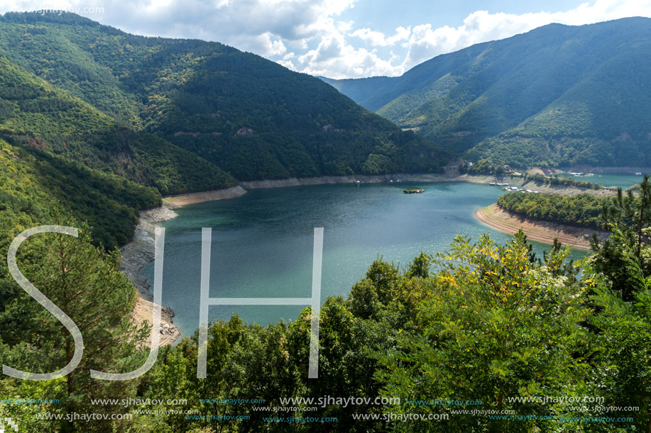 Panorama of Meander of Vacha (Antonivanovtsy) Reservoir, Rhodopes Mountain, Bulgaria