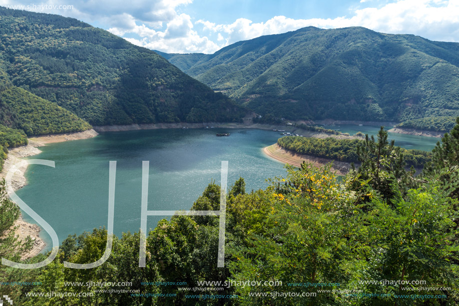 Panoramic view of Meander of Vacha (Antonivanovtsy) Reservoir, Rhodopes Mountain, Bulgaria