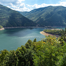 Panoramic view of Meander of Vacha (Antonivanovtsy) Reservoir, Rhodopes Mountain, Bulgaria