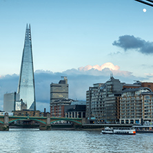 LONDON, ENGLAND - JUNE 17 2016: Twilight on the Thames river and The Shard, London, Great Britain