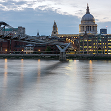 LONDON, ENGLAND - JUNE 17 2016: Twilight panorama of  Millennium Bridge and  St. Paul Cathedral, London, Great Britain