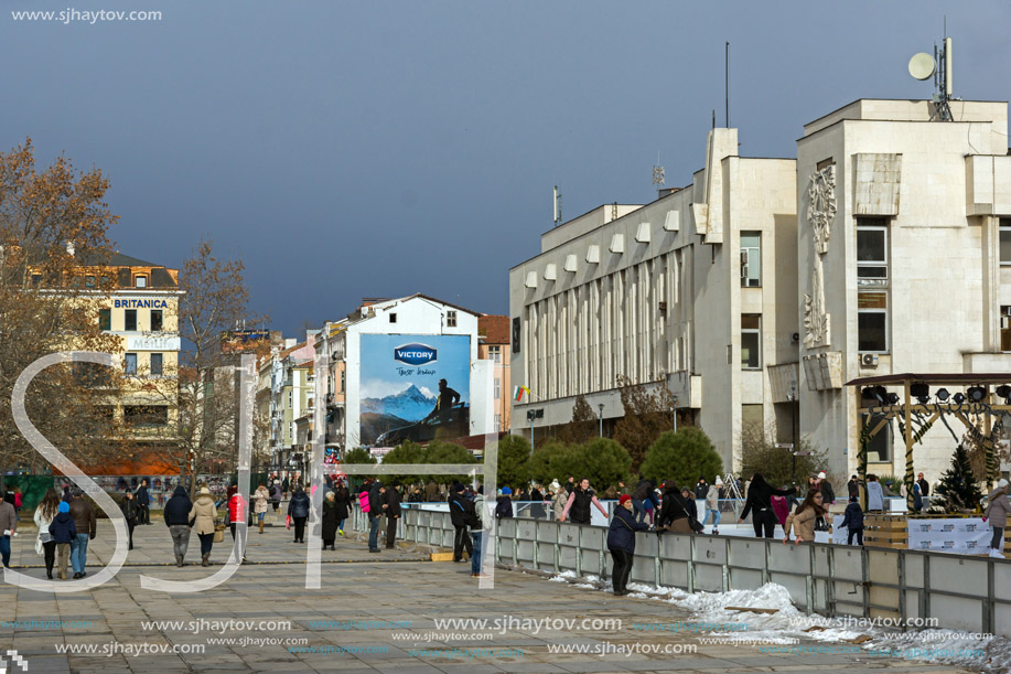 PLOVDIV, BULGARIA - DECEMBER 30 2016:  Central Square in city of Plovdiv University Paisii Hilendarski, Bulgaria