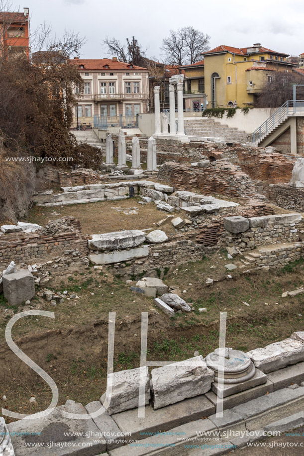 PLOVDIV, BULGARIA - DECEMBER 30 2016:  Panorama of Ruins of Roman Odeon in city of Plovdiv, Bulgaria