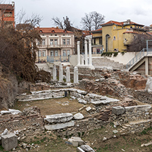 PLOVDIV, BULGARIA - DECEMBER 30 2016:  Panorama of Ruins of Roman Odeon in city of Plovdiv, Bulgaria