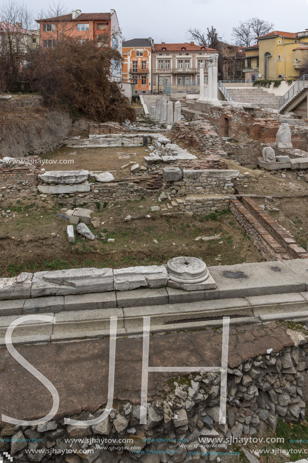 PLOVDIV, BULGARIA - DECEMBER 30 2016:  Panorama of Ruins of Roman Odeon in city of Plovdiv, Bulgaria