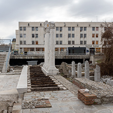 PLOVDIV, BULGARIA - DECEMBER 30 2016:  Panorama of Ruins of Roman Odeon in city of Plovdiv, Bulgaria