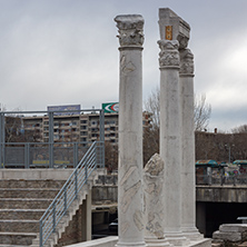 PLOVDIV, BULGARIA - DECEMBER 30 2016:  Panorama of Ruins of Roman Odeon in city of Plovdiv, Bulgaria